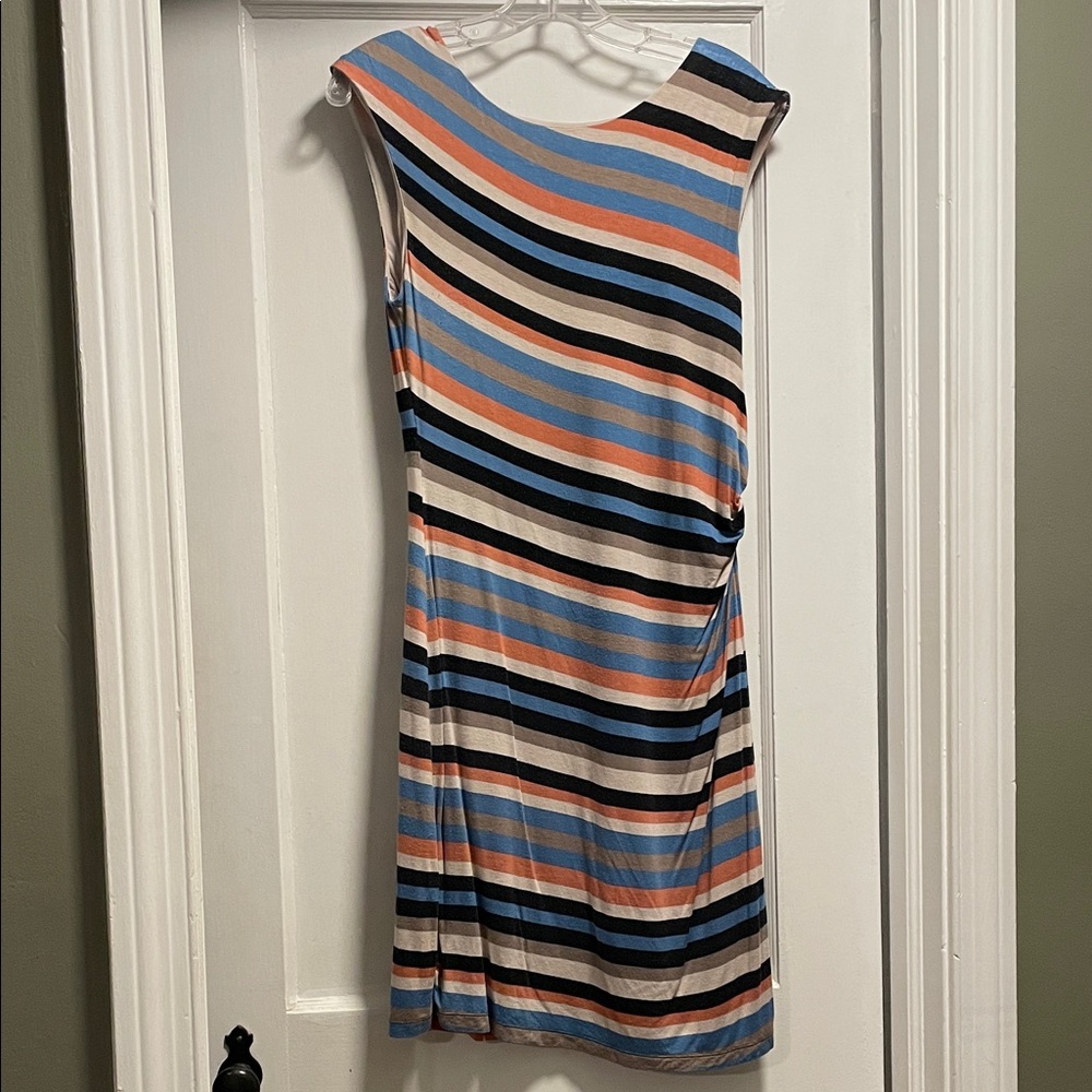 LOFT Blue and Orange Striped Midi Dress